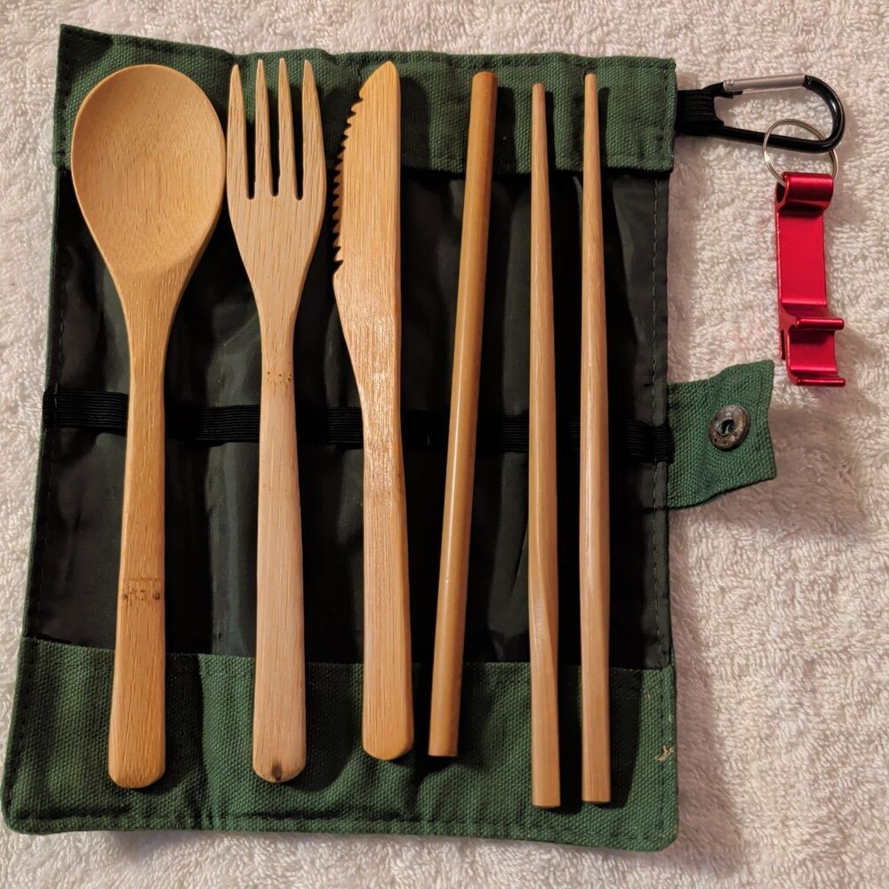 Bamboo Utensil Travel Pouch Set, Knife, Fork, Spoon, Chopsticks, Bottle opener